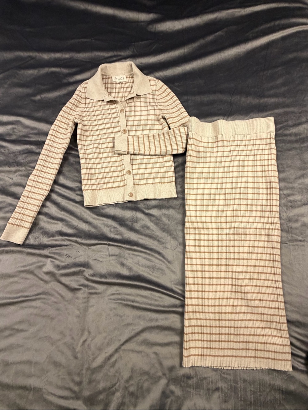 Marled Beige & Brown Striped Knit Cardigan and Skirt Set Xs